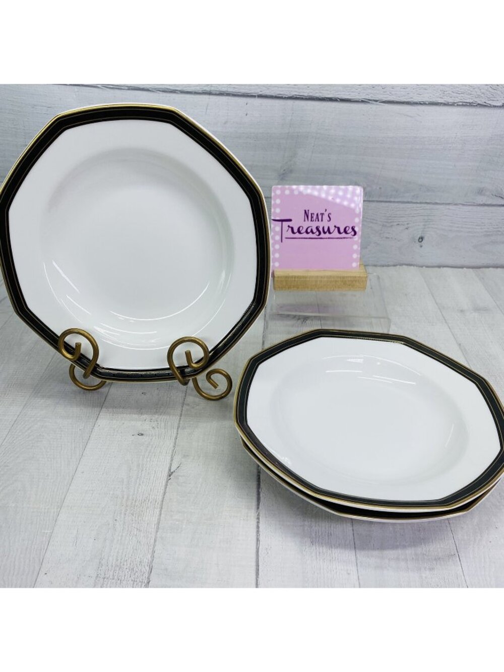 Christopher Stuart BLACK DRESS China Octagonal Large Rim  Pasta Soup Bowl Set 3